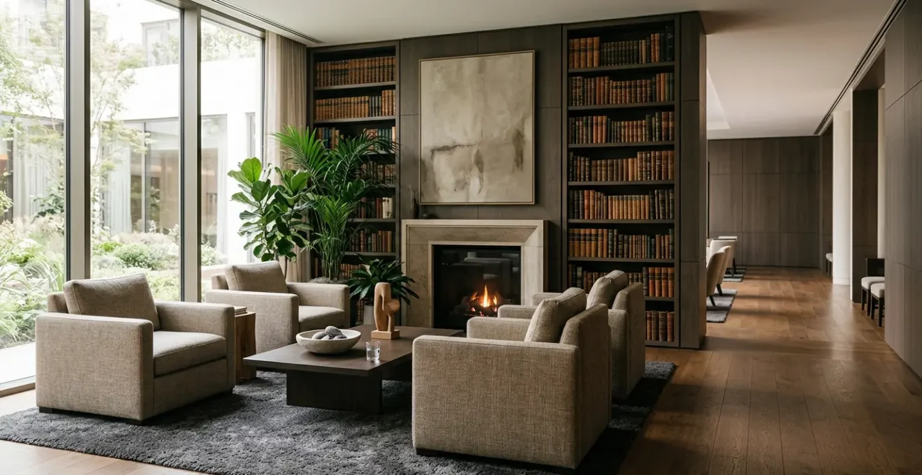 Serene hotel library lounge with soft natural light, plush seating, and tranquil atmosphere designed for mental rest and stress recovery
