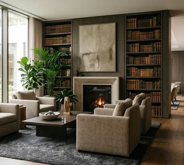 Serene hotel library lounge with soft natural light, plush seating, and tranquil atmosphere designed for mental rest and stress recovery