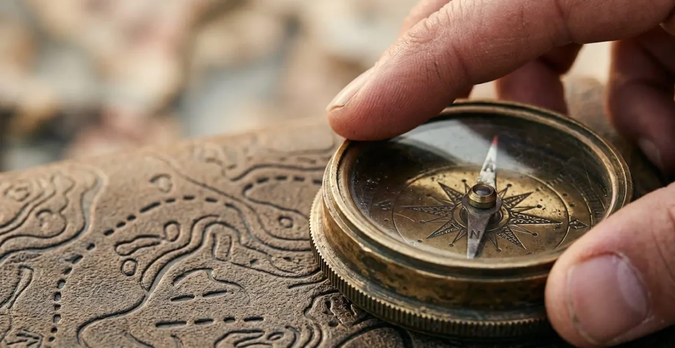 Close-up of hands holding vintage compass over tactile transit connection diagram showing express route efficiency