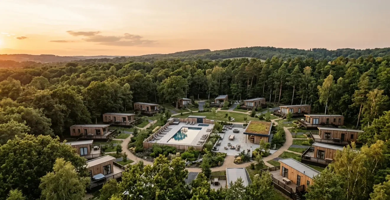 Aerial view of a modern residential leisure park with individual lodges nestled among natural woodland, showcasing the hybrid accommodation model between hotels and self-catering