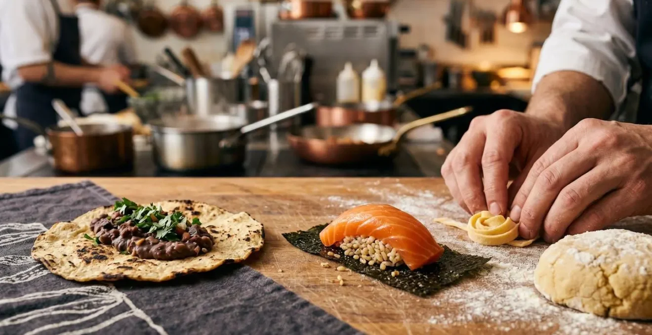 Close-up view of diverse culinary ingredients and fresh preparation stations representing genuine restaurant variety