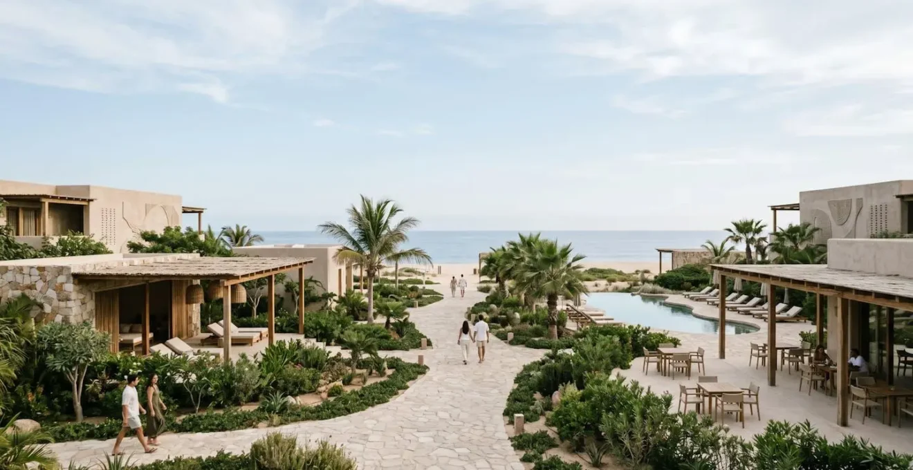 Wide view of open resort pathways connecting diverse zones with visible exits and natural integration