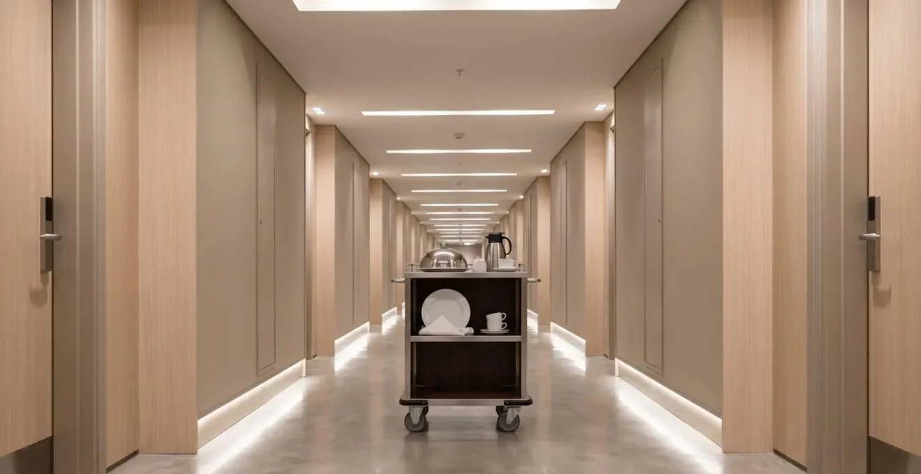 Wide hotel corridor showing room service delivery spatial environment