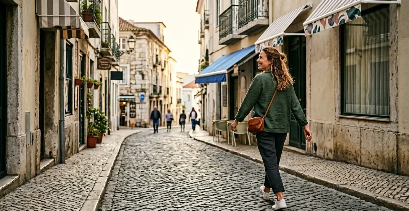 Traveler walking freely through city streets with hands free and light daypack, having stored luggage securely