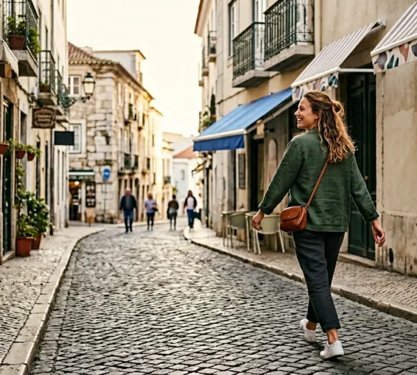 Traveler walking freely through city streets with hands free and light daypack, having stored luggage securely