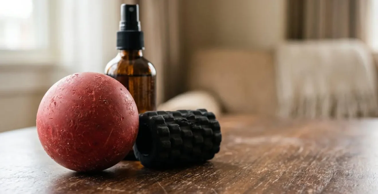 Compact travel recovery toolkit with massage tools and wellness items arranged on hotel room surface