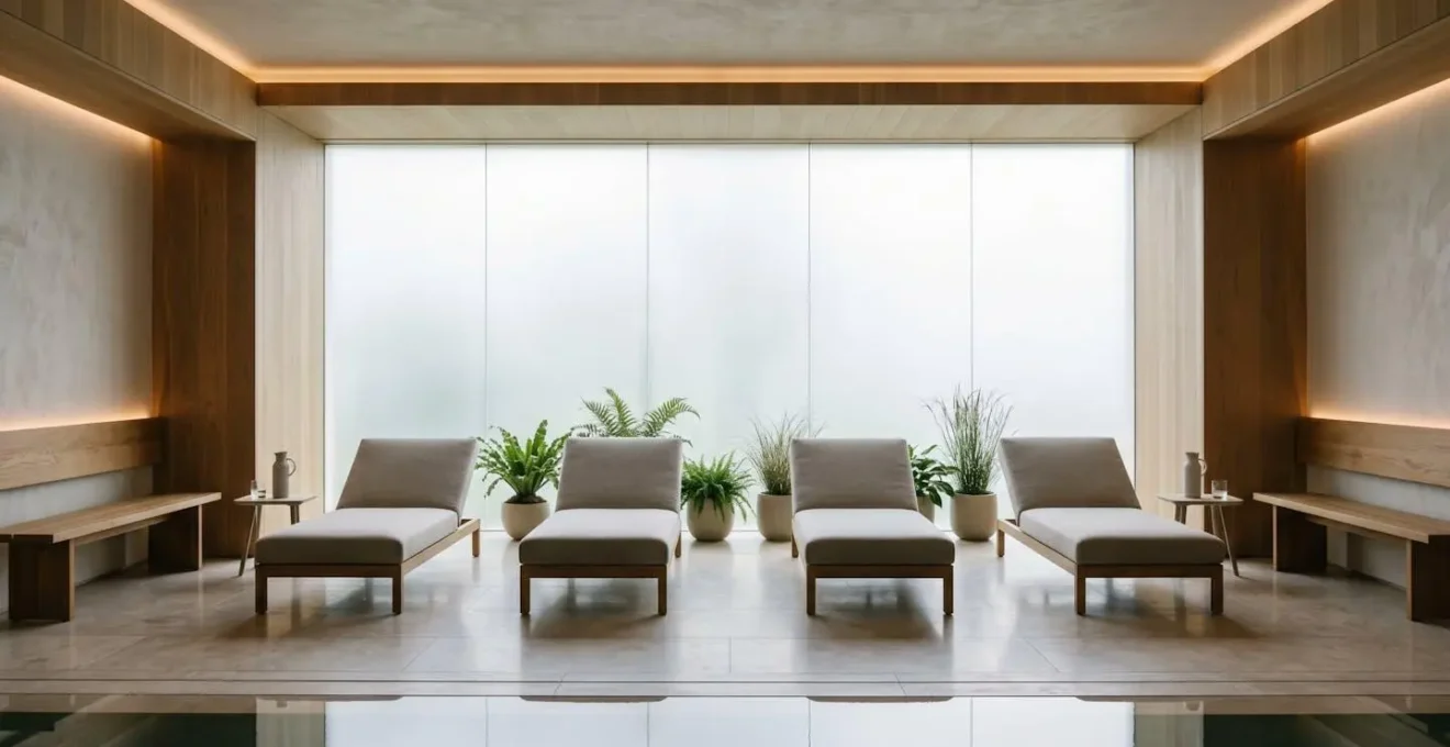 Tranquil spa relaxation lounge with sophisticated minimalist design emphasizing peaceful adult-only atmosphere