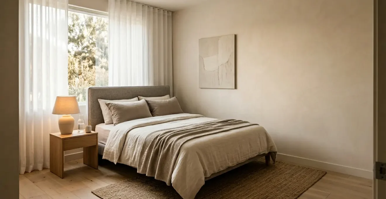 Balanced hotel room composition showcasing essential comfort without luxury excess