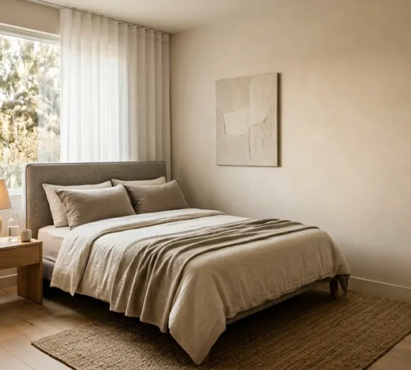 Balanced hotel room composition showcasing essential comfort without luxury excess