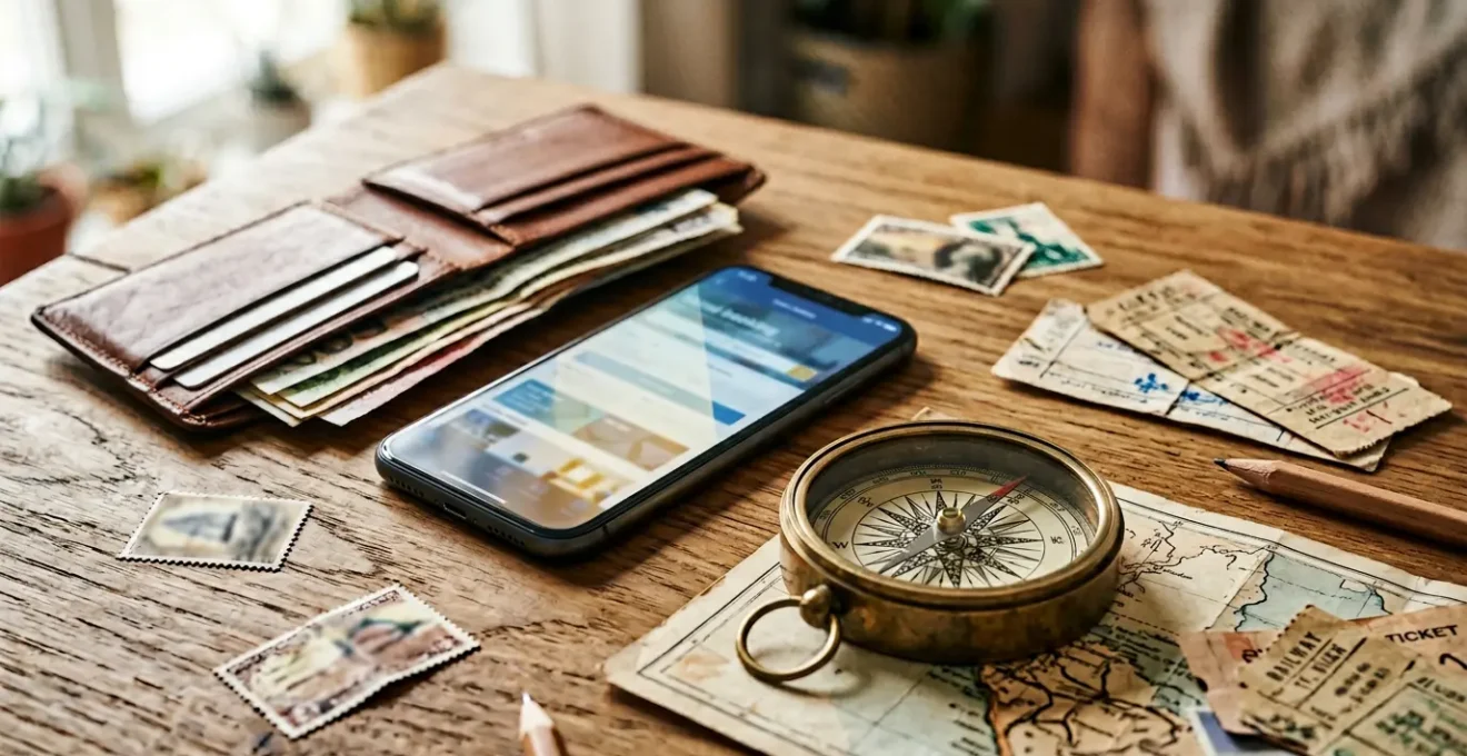 A composition showing financial planning elements and travel decision-making in a clean, professional setting