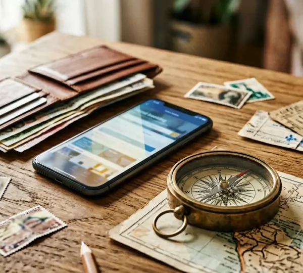 A composition showing financial planning elements and travel decision-making in a clean, professional setting