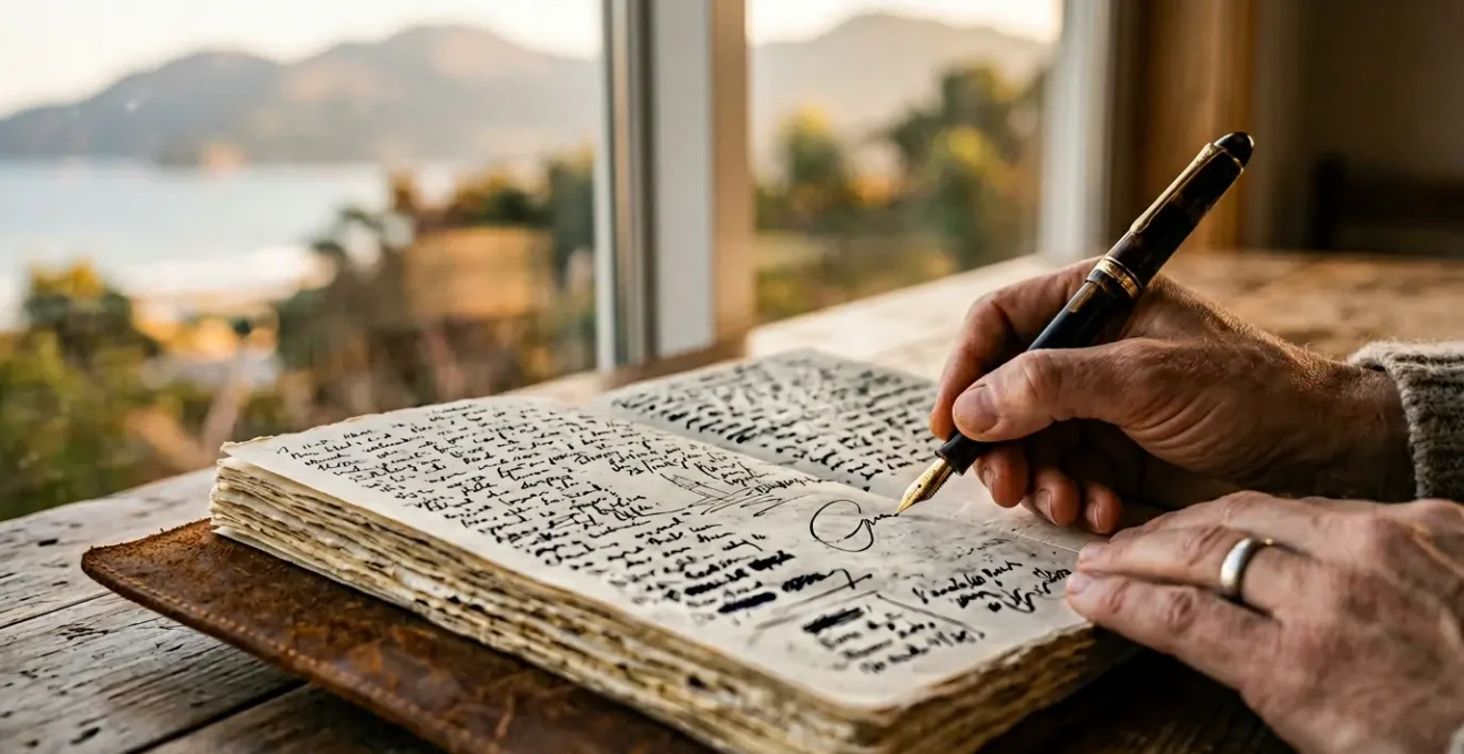 Traveler's hand writing in open journal with soft natural window light and blurred distant landscape
