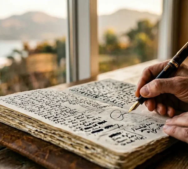 Traveler's hand writing in open journal with soft natural window light and blurred distant landscape