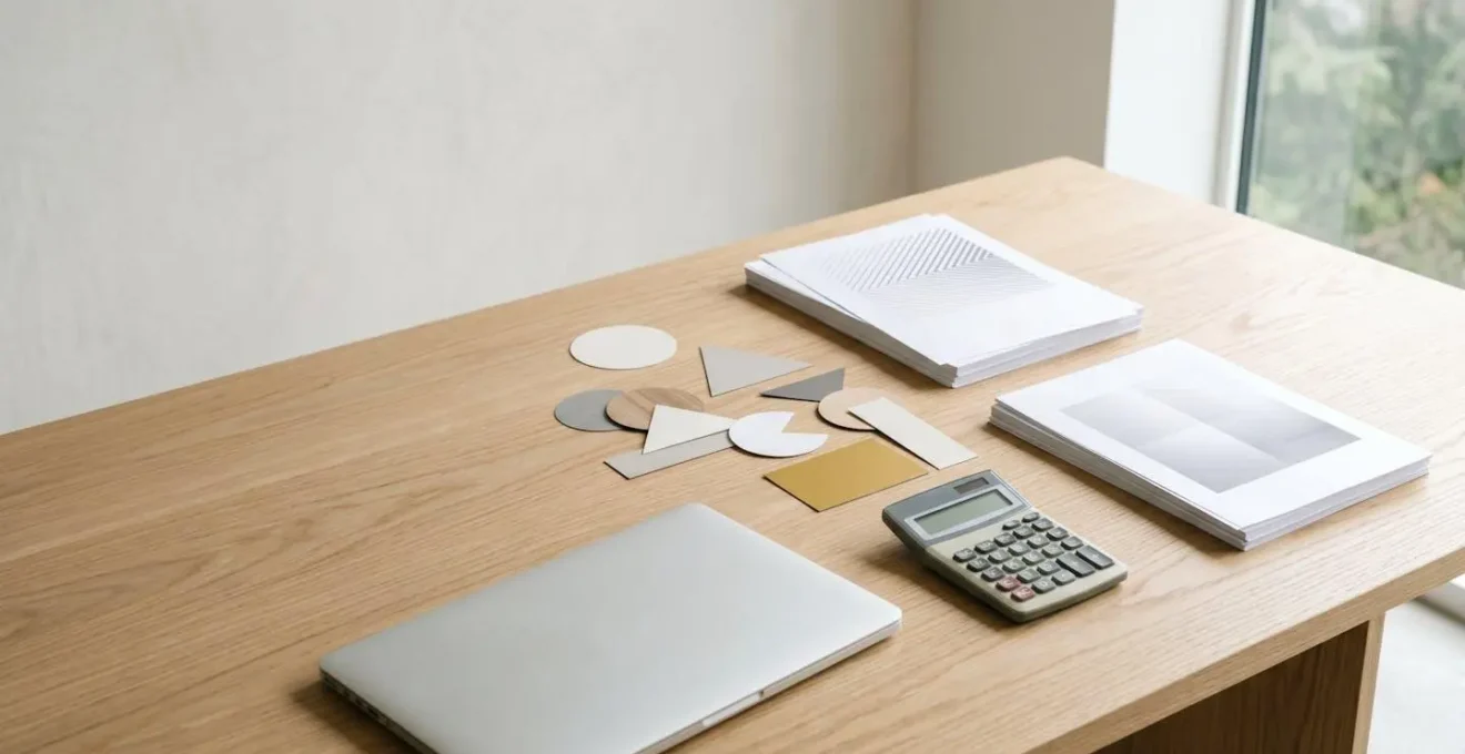 A minimalist workspace with papers and geometric shapes, symbolizing a structured cost-benefit analysis for hotel bookings.