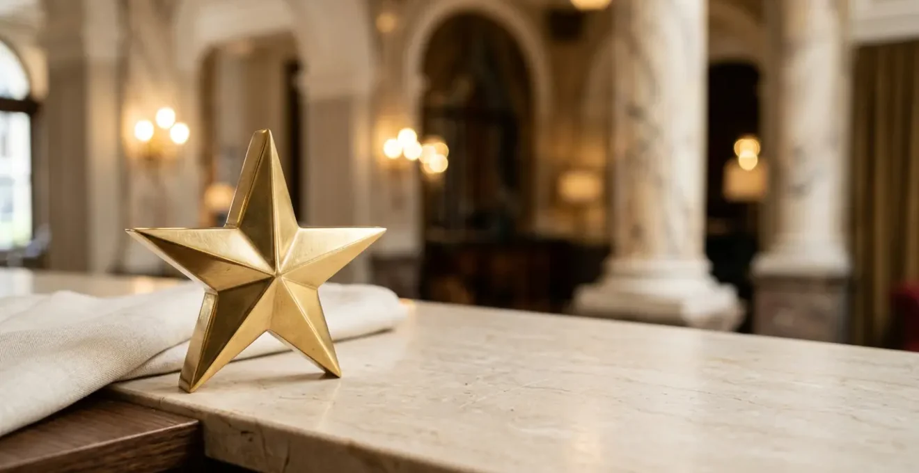 Hotel rating star symbol with subtle architectural elements representing classification standards for leisure travelers