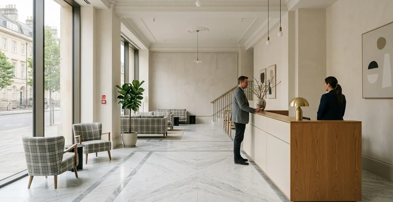 Professional UK hotel front desk environment showcasing legal compliance and guest safety standards