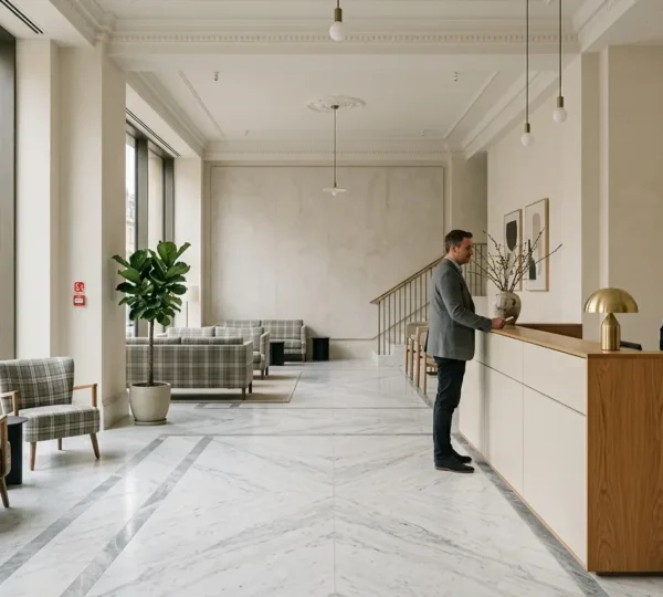 Professional UK hotel front desk environment showcasing legal compliance and guest safety standards