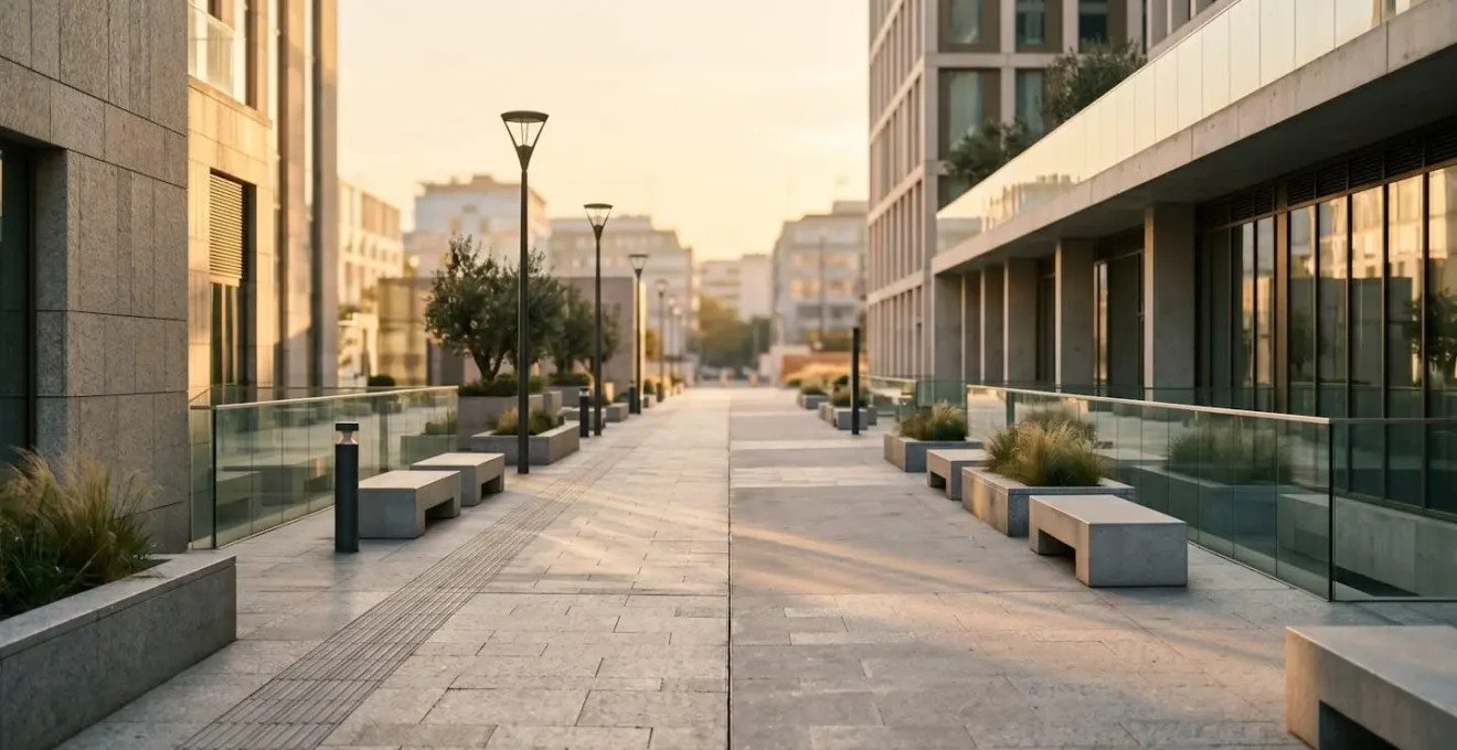 Abstract representation of time savings through walkable urban design with pedestrian pathways and architectural elements