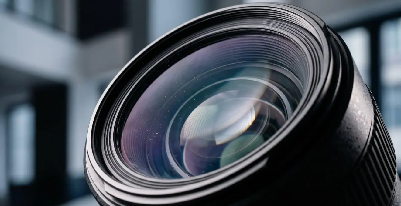 A close-up of a camera lens, symbolising the forensic analysis required for hotel photography.