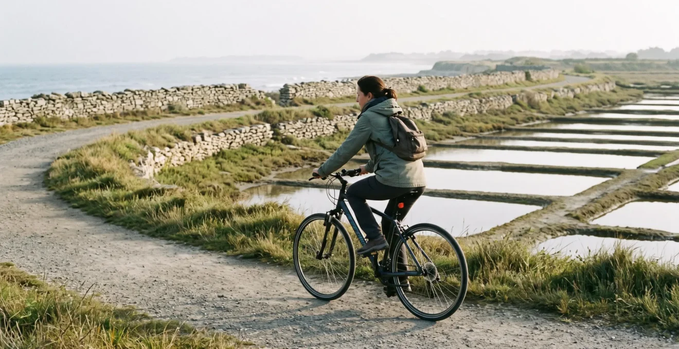 A person cycles slowly along a coastal path beside salt marshes on Île de Ré