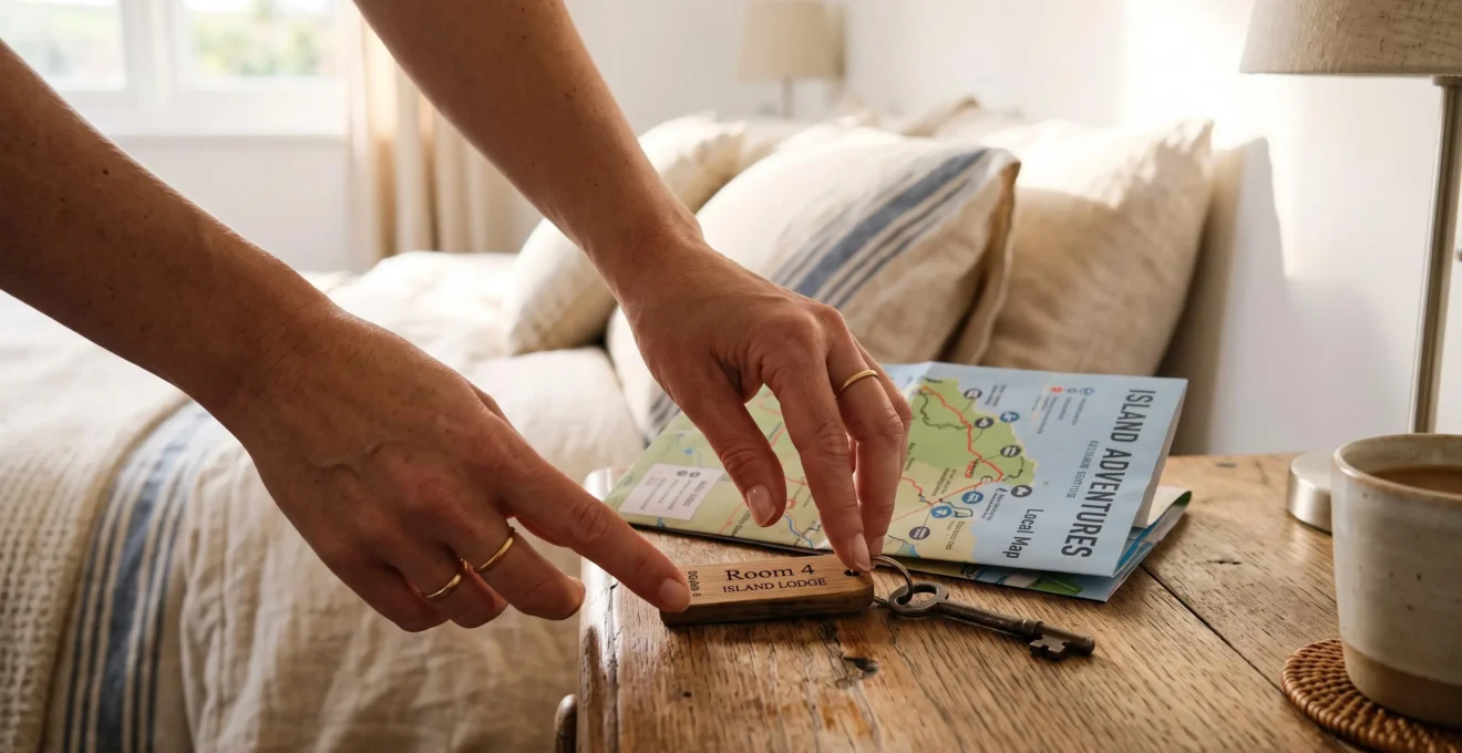 Hands placing a room key and folded map on a wooden bedside table