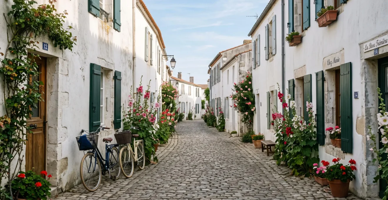 Quiet whitewashed village street on Île de Ré in soft morning light