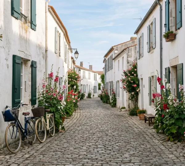 Quiet whitewashed village street on Île de Ré in soft morning light
